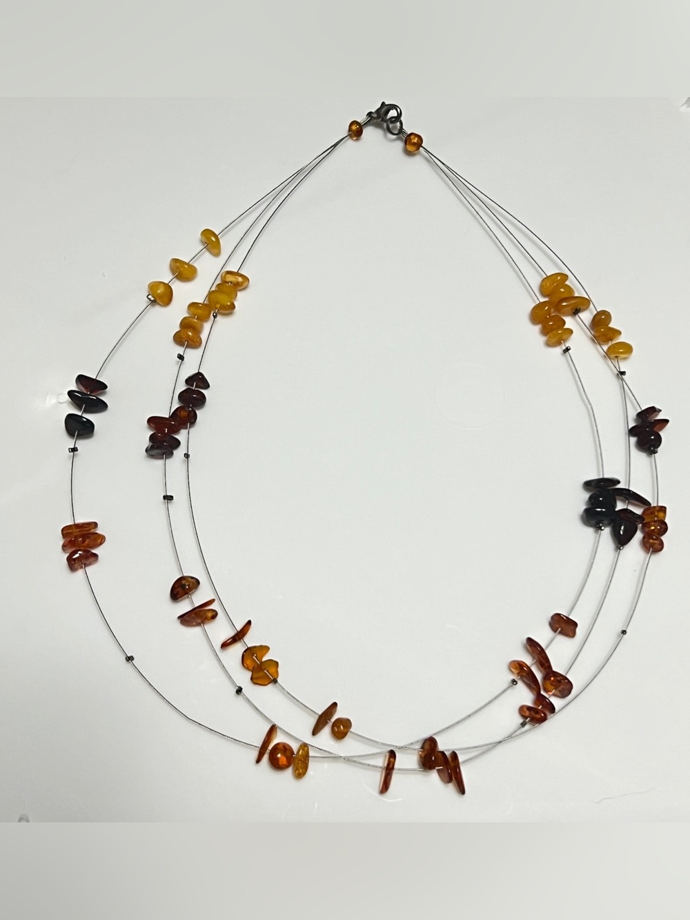 Genuine Amber 3 Strand Floating Necklace Honey Cognac Cherry Boho